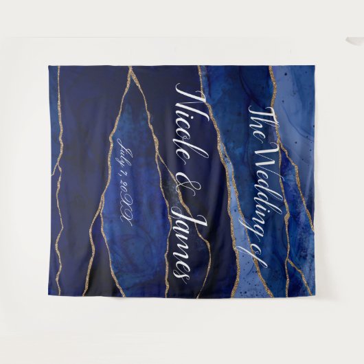 Blue & Gold Agate Modern Glam Minimal Wedding Stic Wandteppich (Vorderseite (Horizontal))