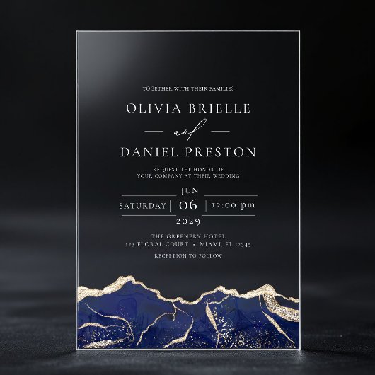 Blue Gold Agate Moderne Hochzeit Acryleinladungen