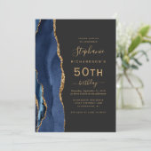 Blue Gold Agate QR Code 50. Geburtstag Einladung (Stehend Vorderseite)