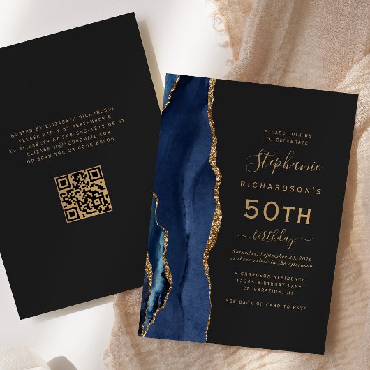 Blue Gold Agate QR Code 50. Geburtstag Einladung