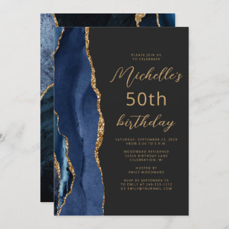 Blue Gold Agate Slate Script 50. Geburtstag Einladung