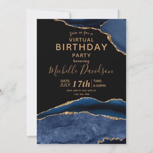 Blue & Gold Agate Virtual Geburtstag Einladung (Vorderseite)