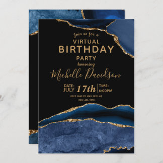 Blue & Gold Agate Virtual Geburtstag Einladung