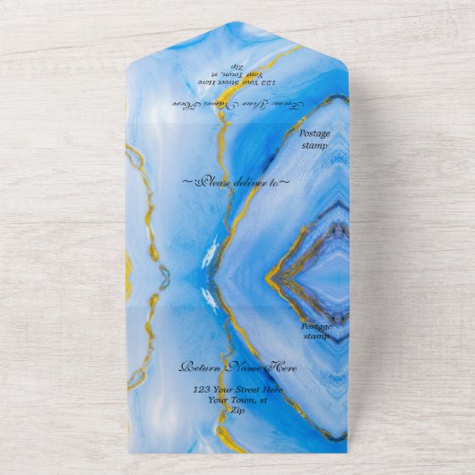 Blue Gold Agate Wedding All In One Einladung (Außenbereich)