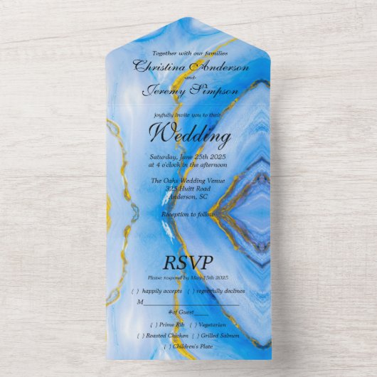 Blue Gold Agate Wedding All In One Einladung (Innen Boden)