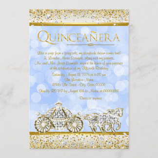 Blue Gold Ainderella Princess Quinceanera Einladung