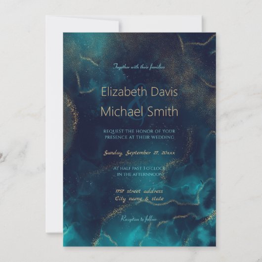 Blue Gold Alkohol Alkohol Tinte Art Deep Blue Sea Einladung (Vorderseite)