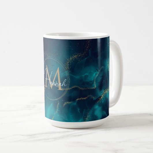 Blue Gold Alkohol Tinte Art Deep Blue Ocean Kaffeetasse (VorderseiteRechts)