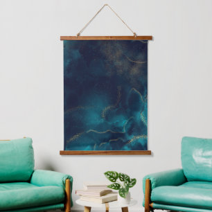 Blue Gold Alkohol Tinte Art Deep Blue Ocean Wandteppich Mit Holzrahmen