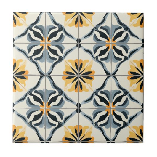 Blue Gold and Off White Pattern Ceramic Tile Fliese (Vorderseite)