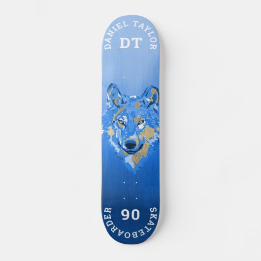 Blue Gold Aquarellfarbenmalerei Gradient Monogram Skateboard (Vorderseite)