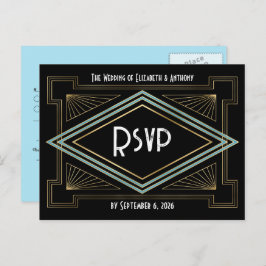 Blue & Gold Art Deco Gatsby-Inspired Wedding Postkarte