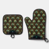 Blue Gold Art Deco Muster Ofenhandschuh & Topflappen-Set (Vorderseite)