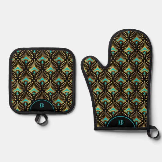 Blue Gold Art Deco Muster Ofenhandschuh & Topflappen-Set (Vorderseite)