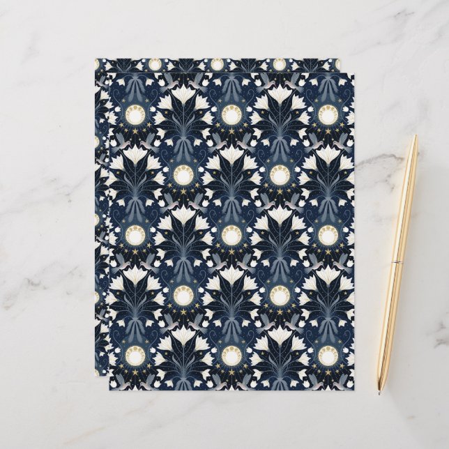 Blue-Gold-Art-Nouveau-Moon-Scrapbook-Papier (Vorderseite/Rückseite Beispiel)