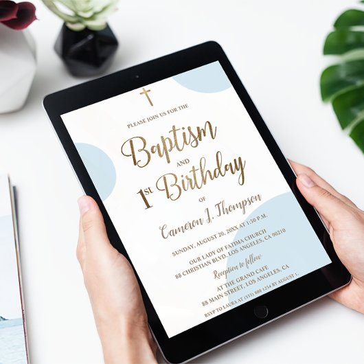 Blue Gold Baby Boy Taufe 1. Geburtstag Einladung