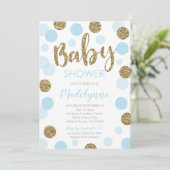Blue Gold Baby Dusche Einladung Confetti Baby Boy (Stehend Vorderseite)
