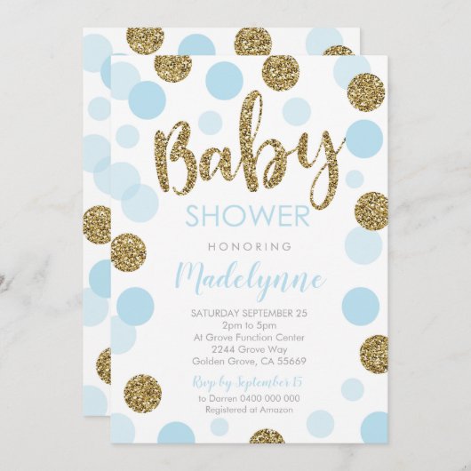 Blue Gold Baby Dusche Einladung Confetti Baby Boy (Vorne/Hinten)