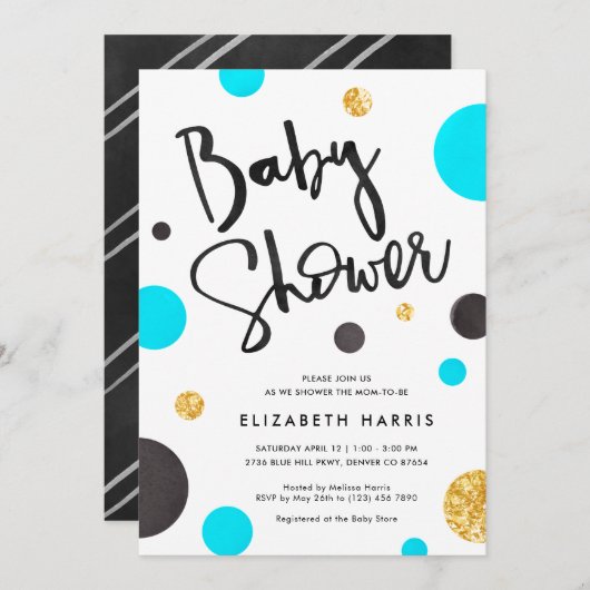 Blue & Gold Baby Shower Einladungen - Polka Dots (Vorne/Hinten)
