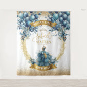 Blue Gold Ballon Wasserfarbe Sweet 16 Hintergrund Wandteppich (Vorderseite)