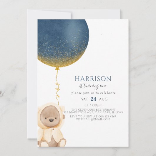 Blue Gold Balloon Teddy Bear Baby Boy 1. Geburtsta Einladung (Vorderseite)