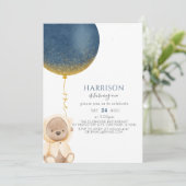 Blue Gold Balloon Teddy Bear Baby Boy 1. Geburtsta Einladung (Stehend Vorderseite)
