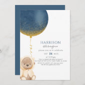 Blue Gold Balloon Teddy Bear Baby Boy 1. Geburtsta Einladung (Vorne/Hinten)