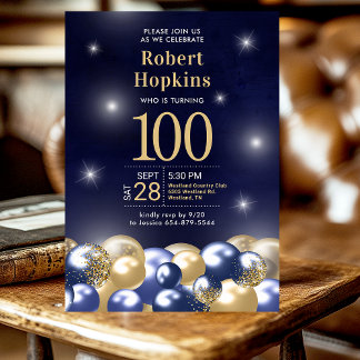 Blue Gold Balloons 100. Geburtstagsparty Einladung