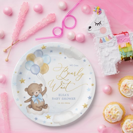 Blue Gold Bär mit Balloons Clouds Stars Boy Baby Pappteller (Party)