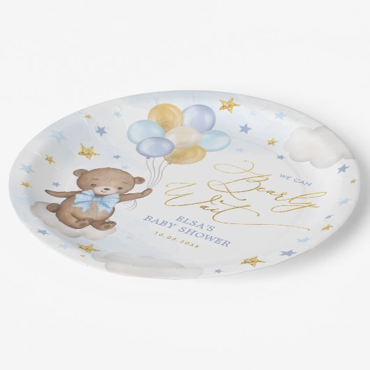 Blue Gold Bär mit Balloons Clouds Stars Boy Baby Pappteller (Schrägansicht)