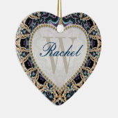 Blue Gold Batik Monogram Liebe Herzdekoration Keramik Ornament (Rechts)