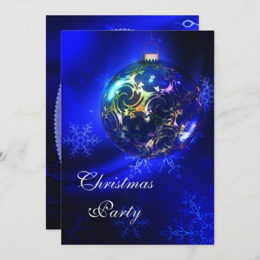 Blue & Gold Bauble & Snowflakes Weihnachten Party Einladung (Vorne/Hinten)
