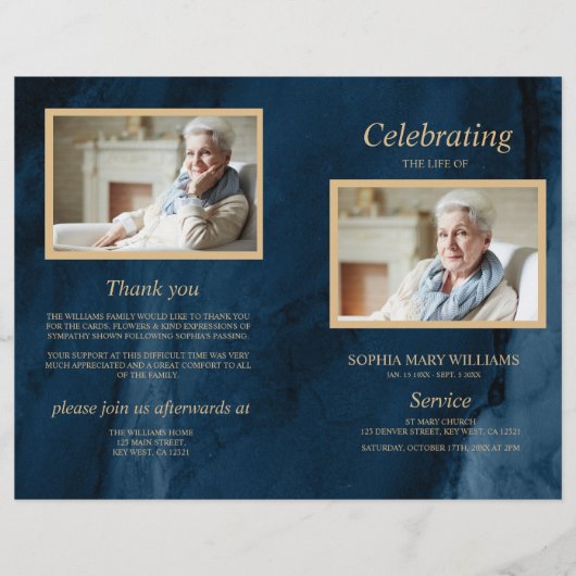 Blue & Gold Beerdigung Programm | Dienstplan (Vorderseite)