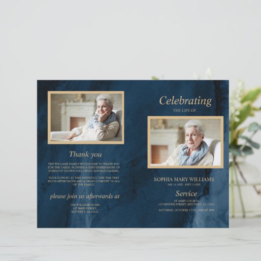 Blue & Gold Beerdigung Programm | Dienstplan (Stehend Vorderseite)