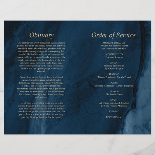 Blue & Gold Beerdigung Programm | Dienstplan (Rückseite)