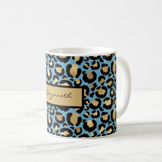 Blue Gold Black Leopard Print mit Ihrem Namen Kaffeetasse (VorderseiteRechts)
