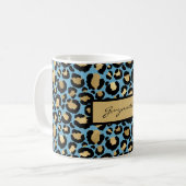 Blue Gold Black Leopard Print mit Ihrem Namen Kaffeetasse (Vorderseite Links)