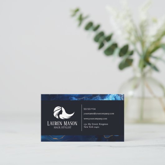 Blue Gold Black Marble Haar Stylist Friseur Salon Visitenkarte (Stehend Vorderseite)