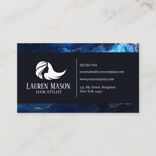 Blue Gold Black Marble Haar Stylist Friseur Salon Visitenkarte (Vorderseite)