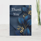 Blue & Gold Blätter auf Navy Blue Dankeschön Card Einladung (Vorderseite)