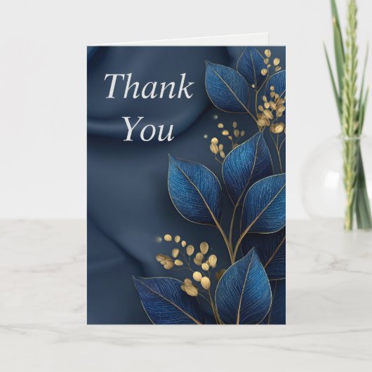 Blue & Gold Blätter auf Navy Blue Dankeschön Card Einladung (Vorderseite)