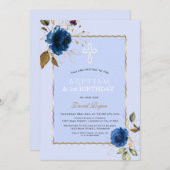 Blue Gold Blume Junge 1. Geburtstag & Taufe Einladung (Vorne/Hinten)