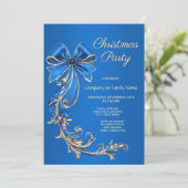 Blue Gold Blume Weihnachts-Party Einladung (Stehend Vorderseite)