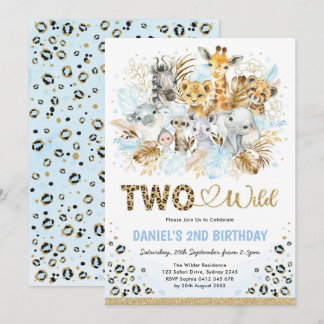 Blue Gold Boho Jungle Safari Zwei Wilde 2. Geburts Einladung