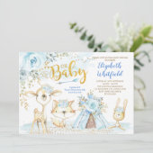 Blue Gold Boho Woodland Forest Boy Baby Dusche Einladung (Stehend Vorderseite)
