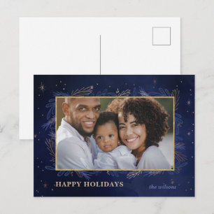Blue Gold Botanical Foto Holiday PostCard Feiertagspostkarte