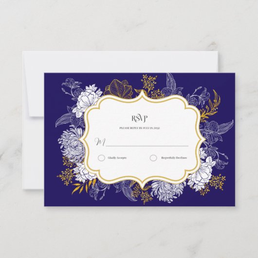 Blue Gold Botany Graphic Wedding RSVP Karte (Vorderseite)