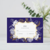 Blue Gold Botany Graphic Wedding RSVP Karte (Stehend Vorderseite)