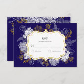 Blue Gold Botany Graphic Wedding RSVP Karte (Vorne/Hinten)