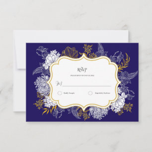 Blue Gold Botany Graphic Wedding RSVP Karte